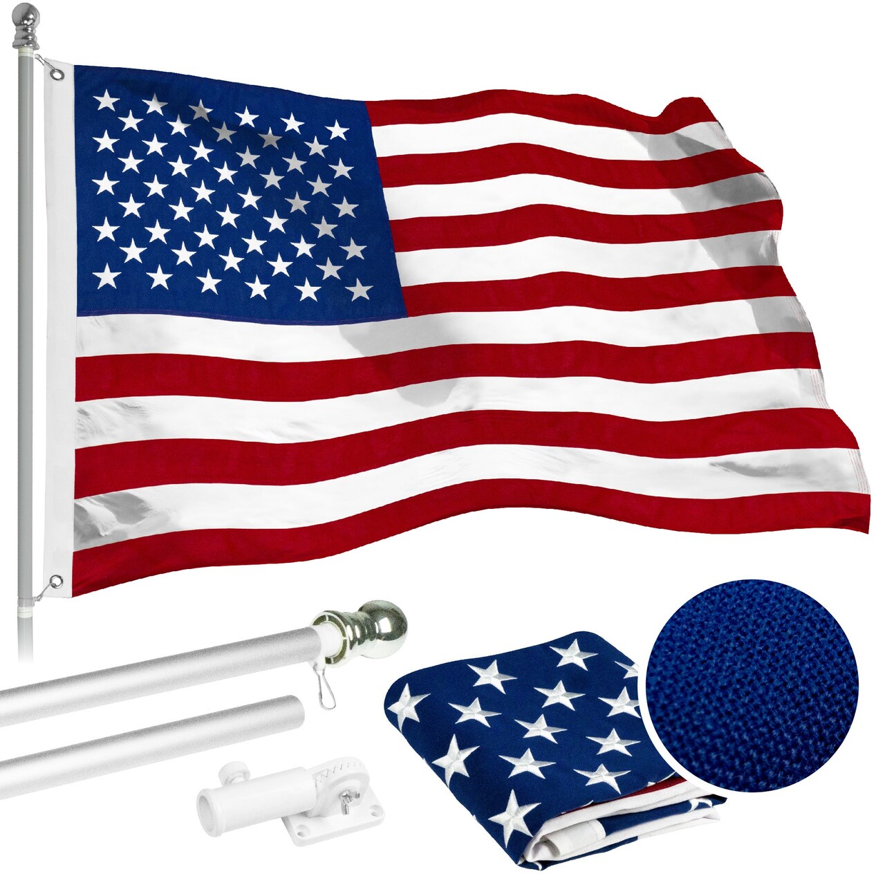 G128 - 5 Feet Tangle Free Spinning Flagpole (Silver) USA Brass Grommets Spun Polyester 2x3 ft (Flag Included) Aluminum Flag Pole